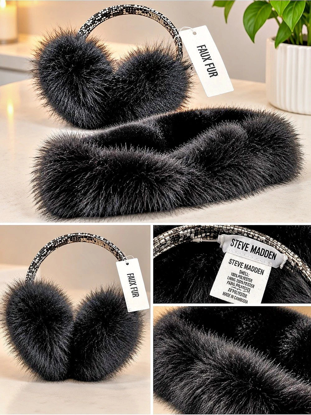 Steve Madden Faux Fur Earmuff Black + FREE Faux Fur Hat
